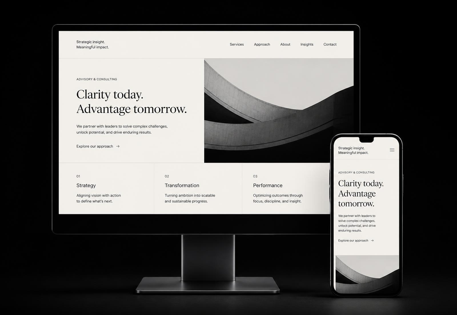 Desktop and phone displaying a minimal professional website concept